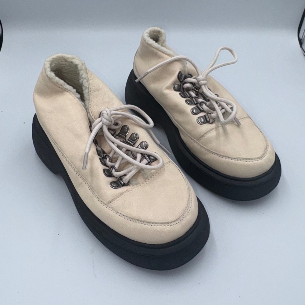 All Black Cream Leather Faux Shearling Lined Platform Hiking Sneakers Size 37